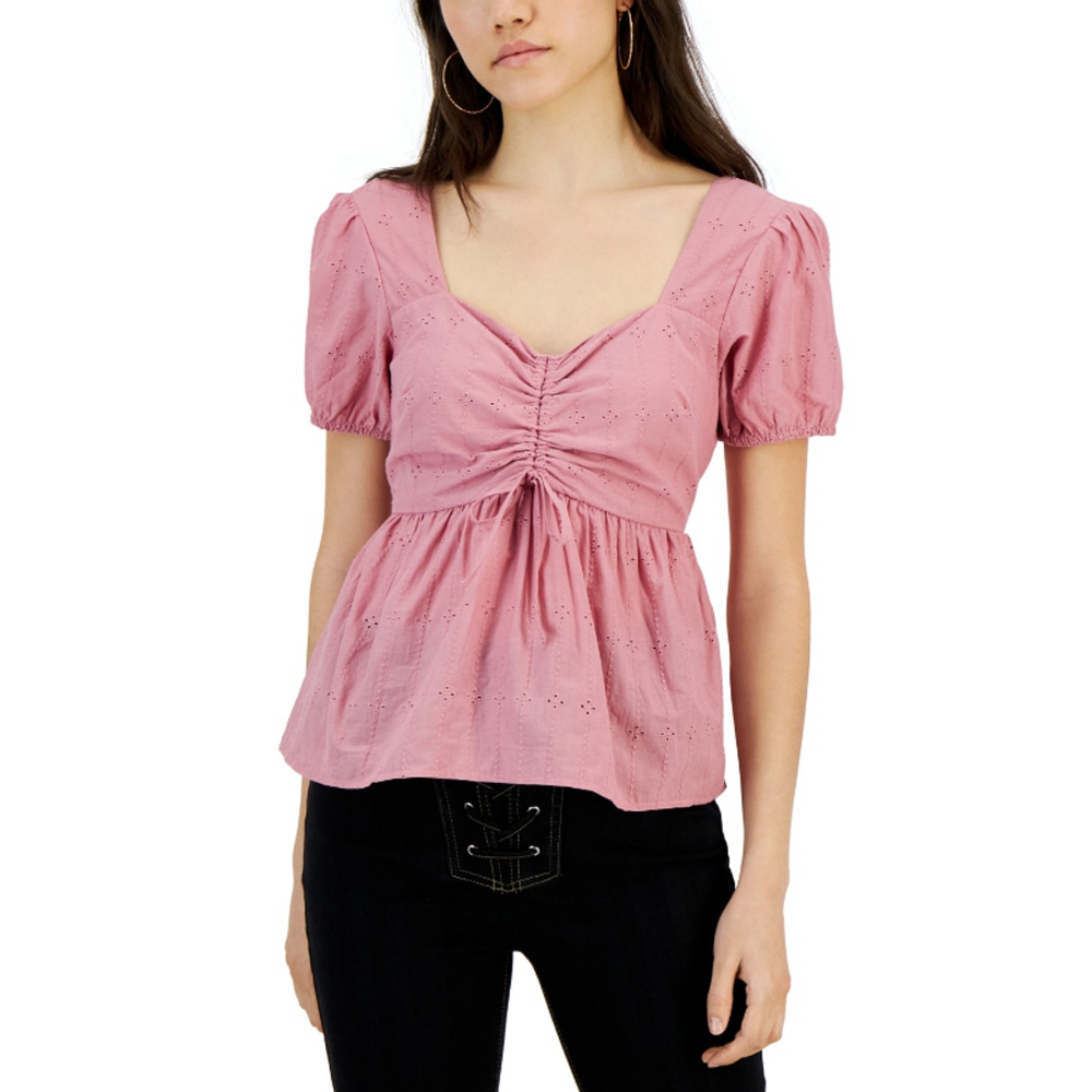 Planet Gold Juniors' XL Pink 100% Cotton Eyelet Puff-Sleeve Peplum Top NWOT